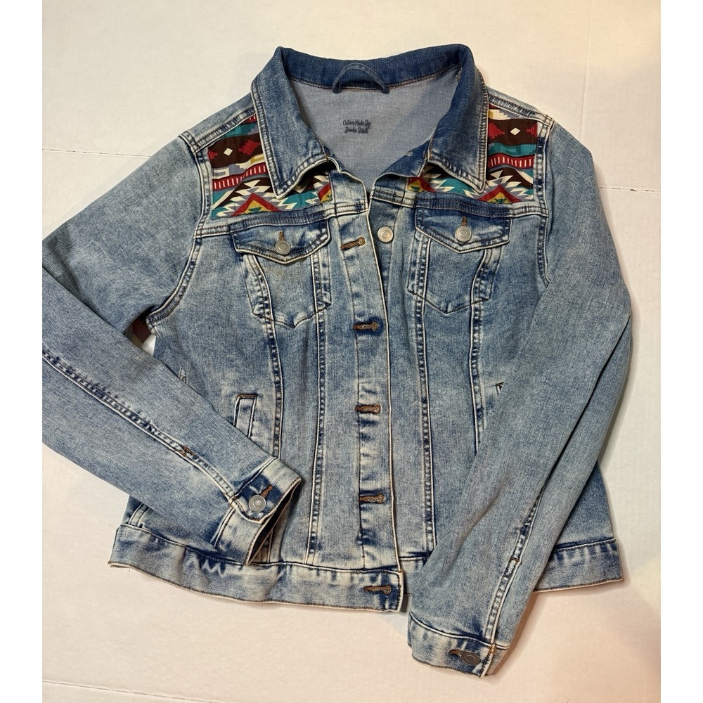 Y2K UpCycled South Western Jean Frosted Denim Jacket Aztec Custom sz 12 14 L